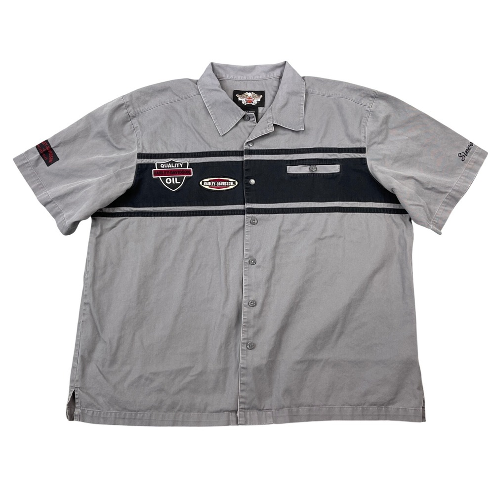 Harley Davidson Button Up Work Shirt Mens XXL Gray Embroidered Vintage
